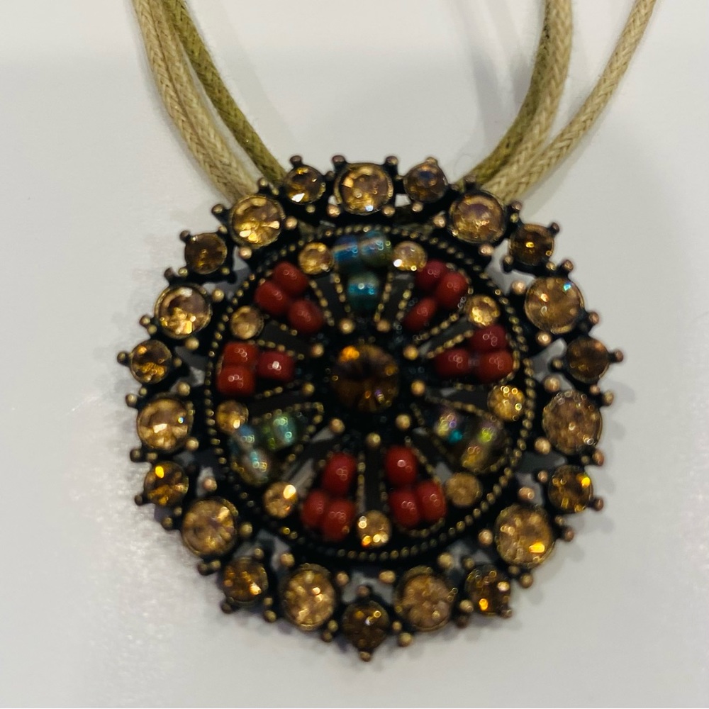 Lia Sophia Necklace Round Pendant Multi-Color Brilliant Stones Gold Cord Strand
